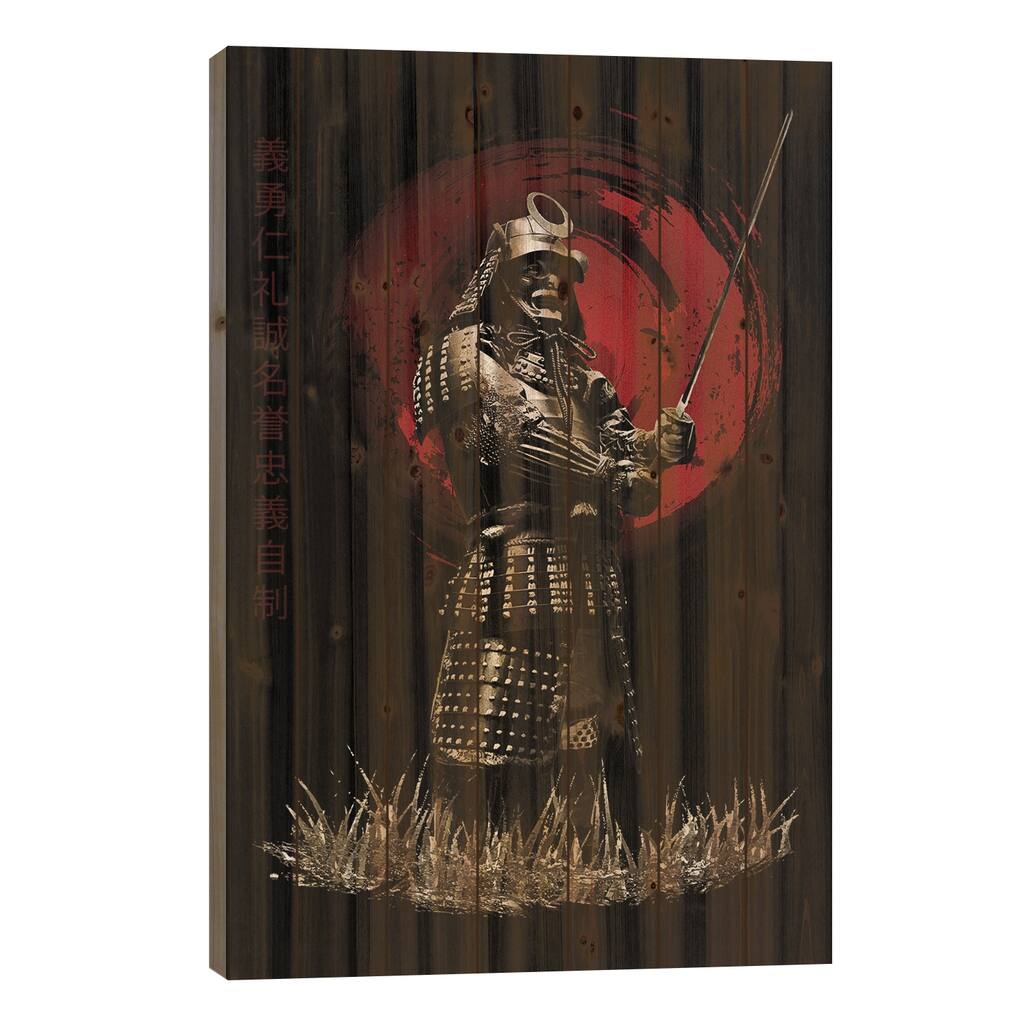 Bushido Samurai Standing Strong Print On Wood by Cornel Vlad - Multi-Color
