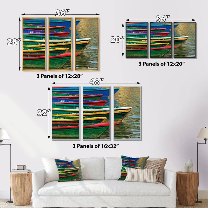 Designart "Color Boats on Phewa Lake Nepal" Boats Framed Canvas Wall