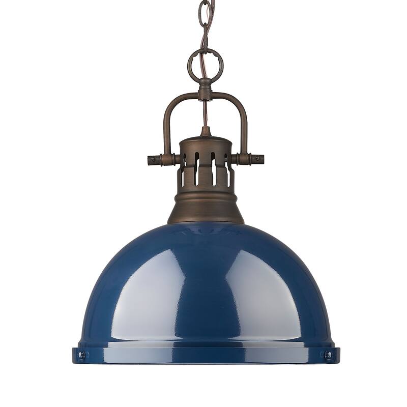 Yep by Golden Lighting Duncan 1-light 14in Chain Hung Pendant in Rubbed Bronze and Navy Blue shade