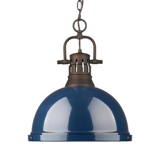 Yep by Golden Lighting Duncan 1-light 14in Chain Hung Pendant in Rubbed Bronze and Navy Blue shade