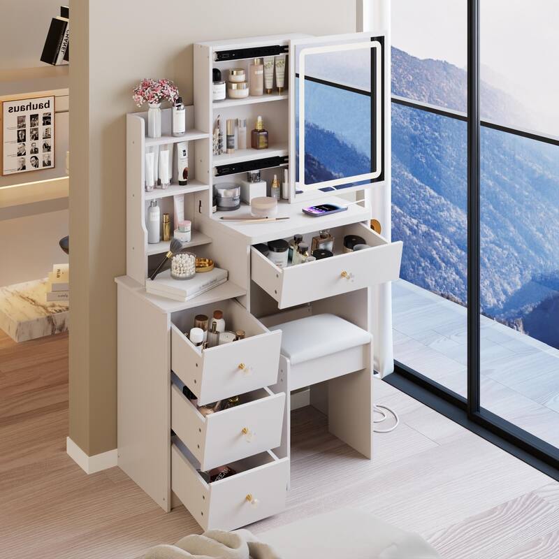 29.2"Small Size Cabinet Vanity Table + Cushioned Stool,2 AC+2 USB Power Station,Hair dryer bracket,Touch Control LED Mirror