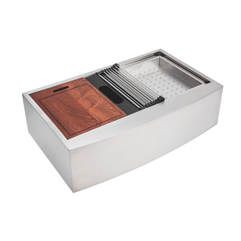 Enthous Workstation 36 Inch Farmhouse Apron 16 Gauge Single Bowl Stainless Steel Kitchen Sink Integrated Ledge 15mm Radius