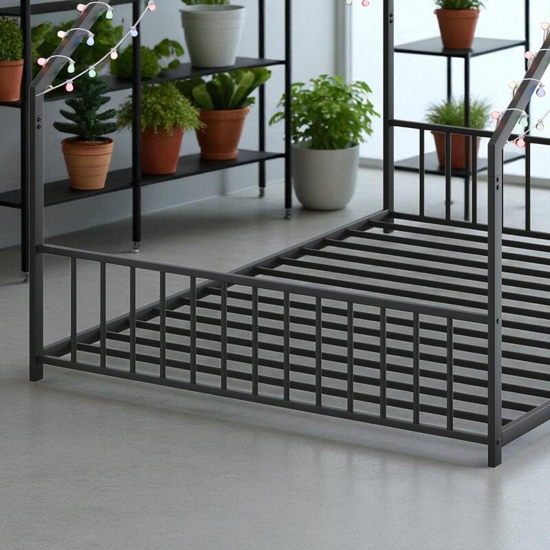 Twin/Full Size Kids Roof-Shaped Metal Bed Frame with Colorful LED Lights, Low Profile Design, 350 lb Capacity