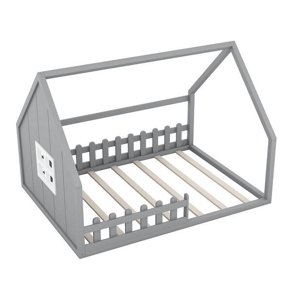 slide 2 of 12, Gray Full Toddler Bed with House Roof Window Fence, Playful Floor Bed Gray - Full