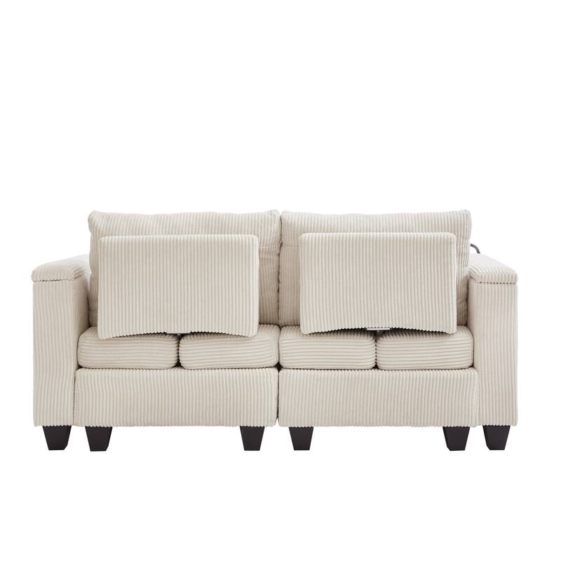63" Corduroy Convertible Chaise Lounge with USB Ports, Phone Holder, and Storage