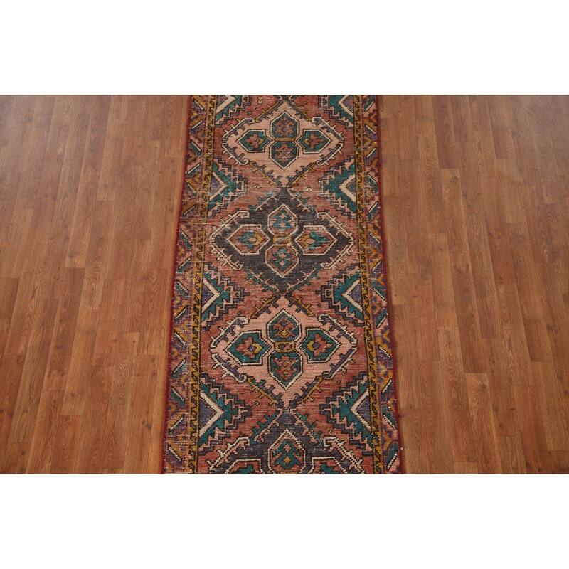 Vegetable Dye Hamedan Persian Vintage Runner Rug Geometric Wool Carpet - 2'11"x 10'1"