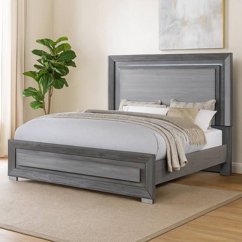 Reno California King Bed with LED Headboard and Metal Legs, Gray Wood