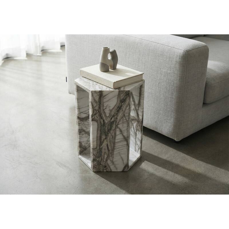 Roomfitters Luxury Natural Marble Hexagon Side Table, Solid Stone Geometric Pedestal End Table, Polished Finish
