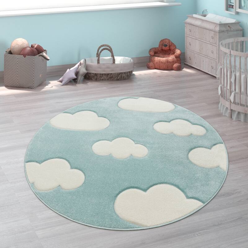 Kids Rug with Clouds in Pastel Colors for Children's Room or Nursery - 5'3" Round - blue