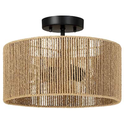 Dorn 2-Light Woven Rope Drum Semi-Flush Mount Ceiling Light - 14"W