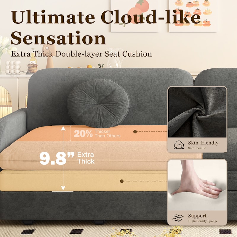 Homy Casa 3-in-1 Convertible Sleeper Sofa Bed, Pull-Out Couch w/ USB, Side Pocket & 4 Pillows, Chenille, 2/3/4-Seat