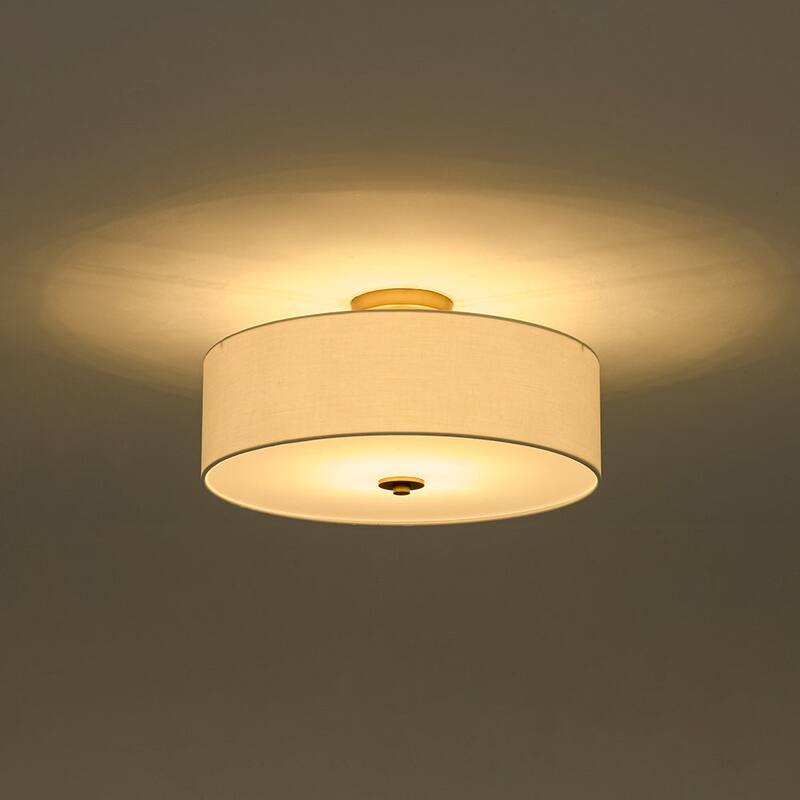 French Country Brass Round White Linen Drum Ceiling Light