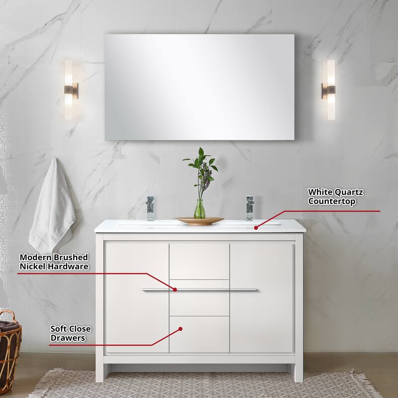 Lafarre Bath Vanity, White Quartz Top, Chrome Faucet Set and Mirror