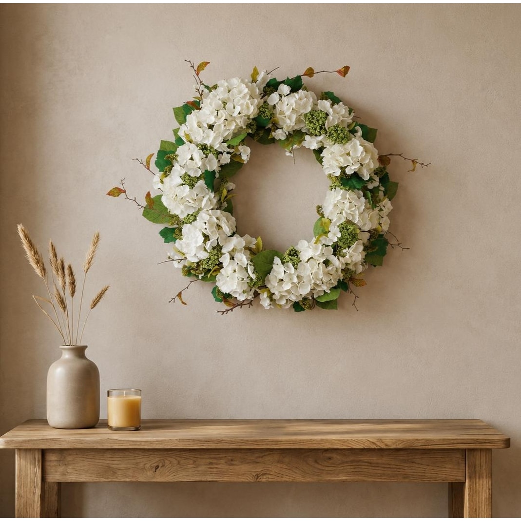HomeRoots 22" White And Green Hydrangea Artificial Wreath