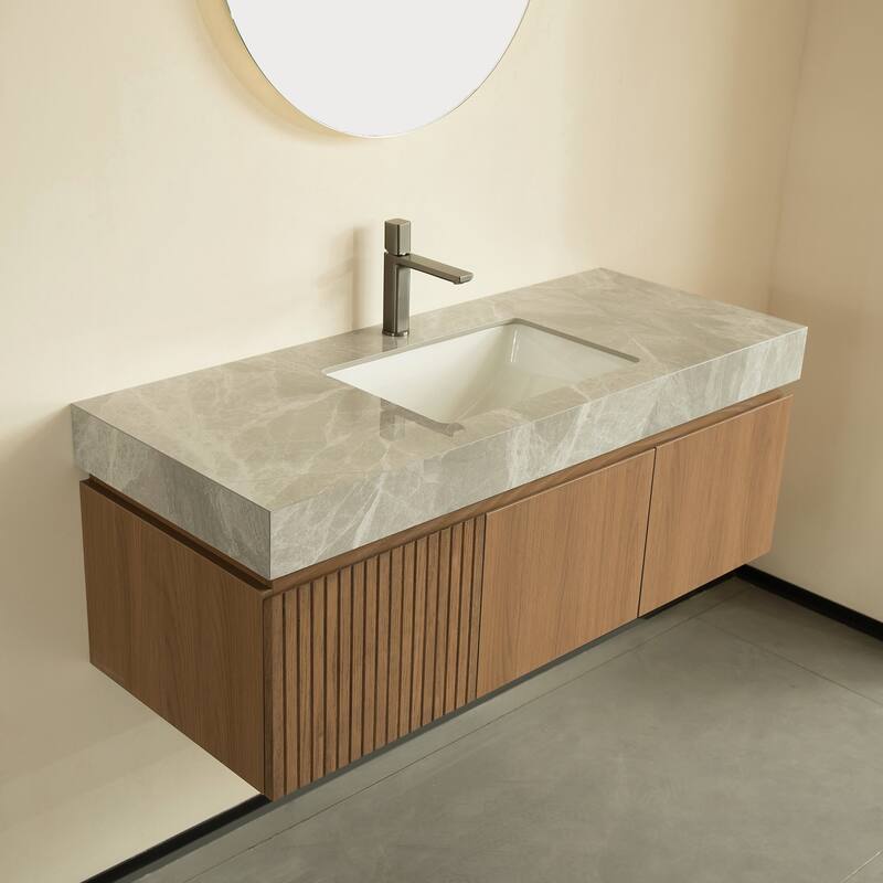 GDFStudio - Muri Modern 48" Floating Bathroom Vanity with Basin, Sintered Stone Countertop, Drawer & Double Doors