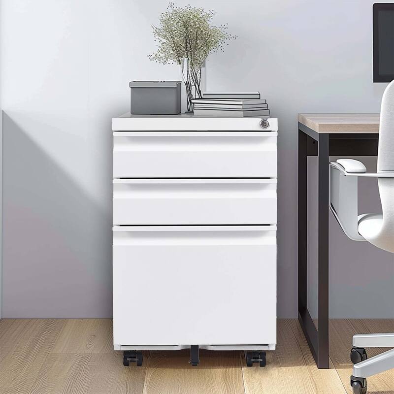 Anmytek White 3 Drawer Mobile Locking Metal File Cabinet Fully Assembled for Home Office Letter Legal A4 Storage
