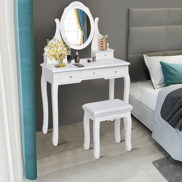 Shop Gymax Bedroom Wooden Mirrored Makeup Vanity Set Stool