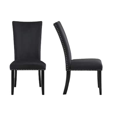 Set of Two Black Velvet Upholstered Dining Side Chairs with Nailhead Trim - 27” x 20.25” x 40.75”