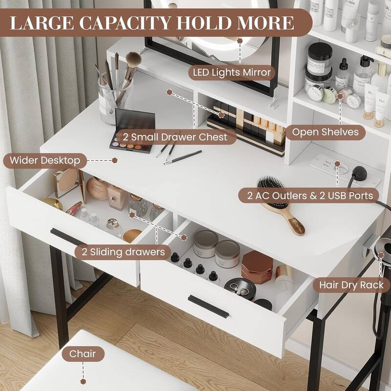 2 Drawer Makeup Vanity Desk Set with Mirror and Light for Bedroom, Dressing Room