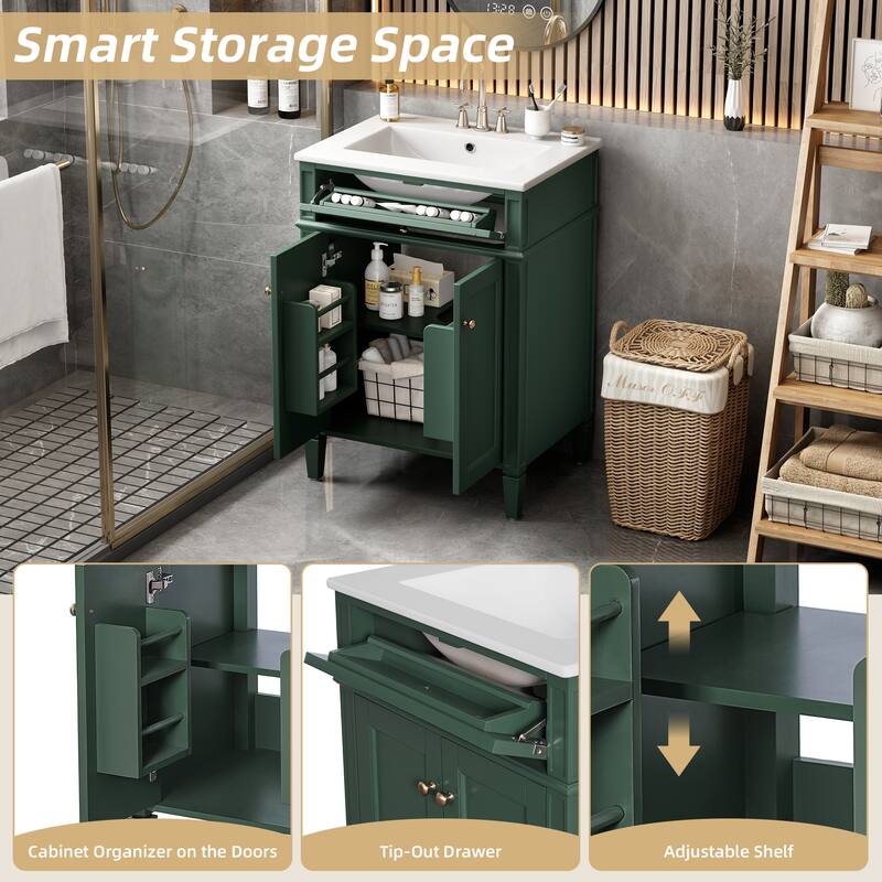 24" Bathroom Vanity with 2 Doors and Tip-Out Drawer, Bathroom Storage Cabinet with Sink, Soft-Closing Doors with Organizers