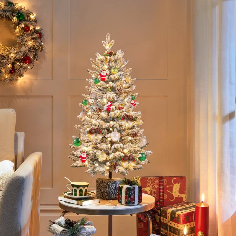 Yaheetech 2ft/3ft Pre-lit Mini Flocked Tabletop Christmas Tree with Warm White LED Lights - 3 Foot