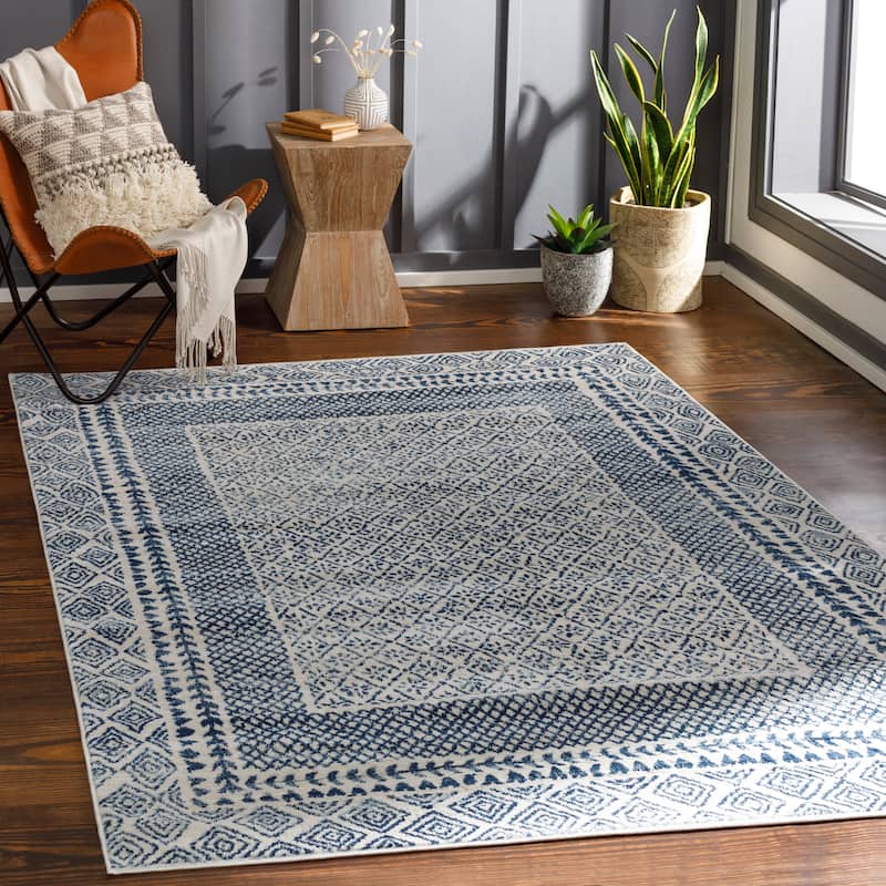 Livabliss Vanessa Tribal Border Area Rug - Blue - 7'10" x 10'