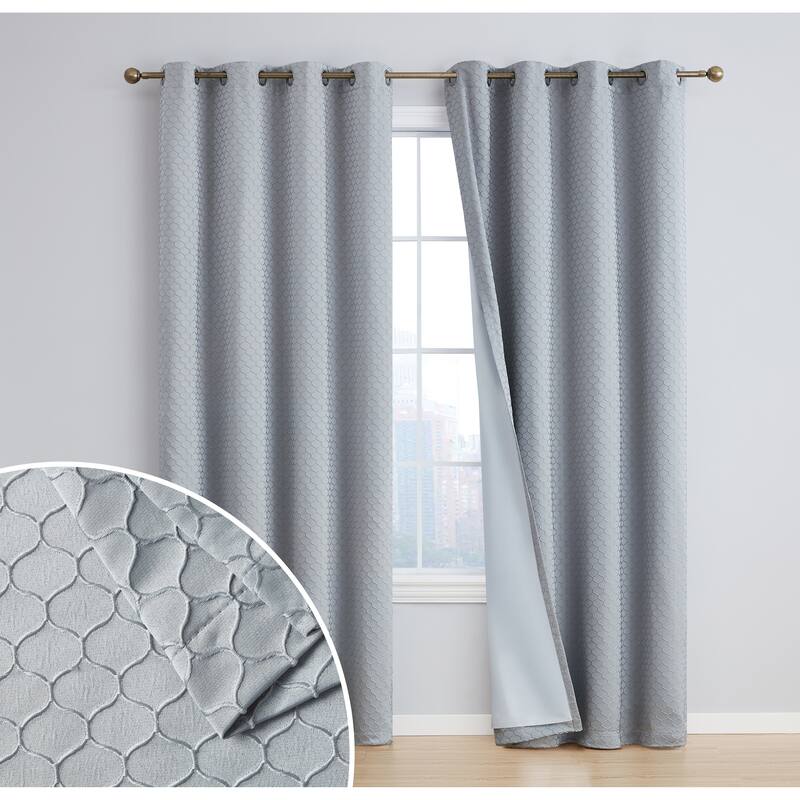 HLC.me Sienna Pattern 100% Complete Blackout Thermal Insulated Double Layer Window Curtain Grommet Panels, Set of 2 - 50 W x 96 L per panel - Set of 2 - Light Grey