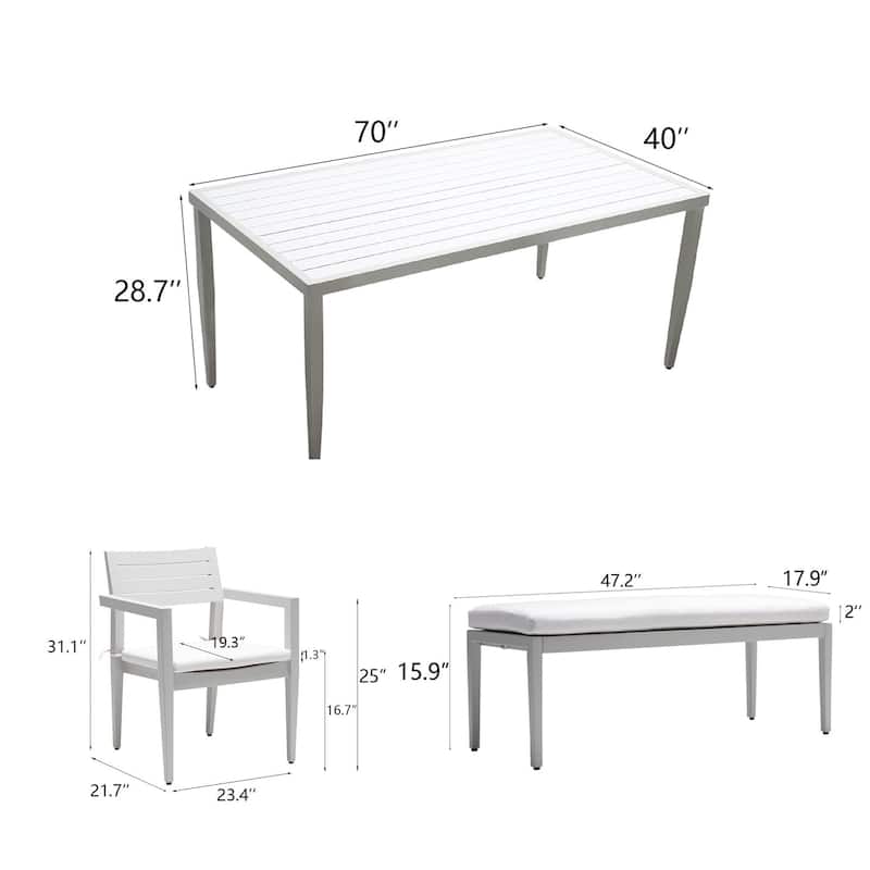 6-Piece Matte White Aluminum Outdoor Dining Set with Grayish Cushions and Umbrella Hole
