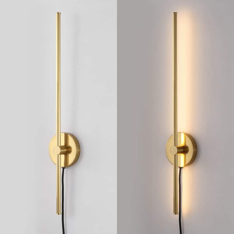 Marion 27.25" 1-Light Modern Minimalist Iron Adjustable Bar Integrated LED Plug-In Sconce, by JONATHAN Y