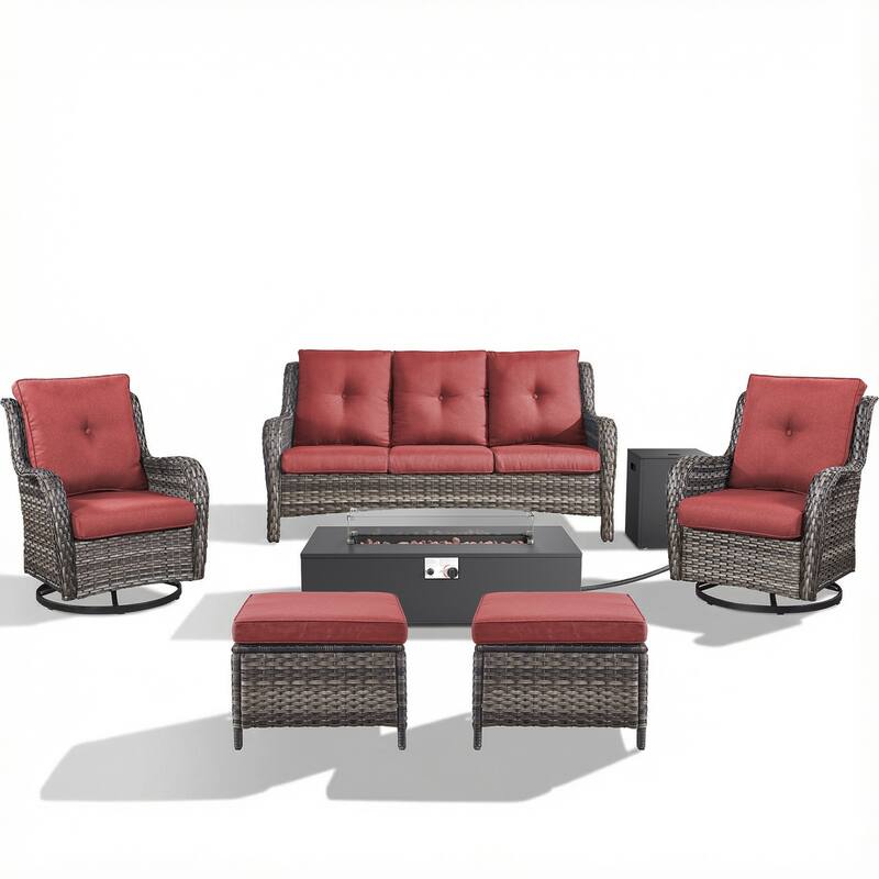 Pocassy Patio 5/7 Piece Sofa Swivel Chair Ottoman with Fire Pit Table