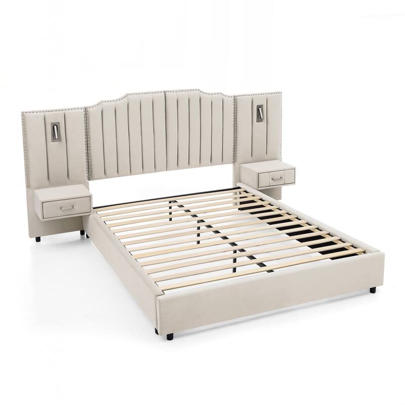 Queen Size Upholstered Bed Frame , Vertical Stripe Design with Buttons Around Platform Bed with Headboard