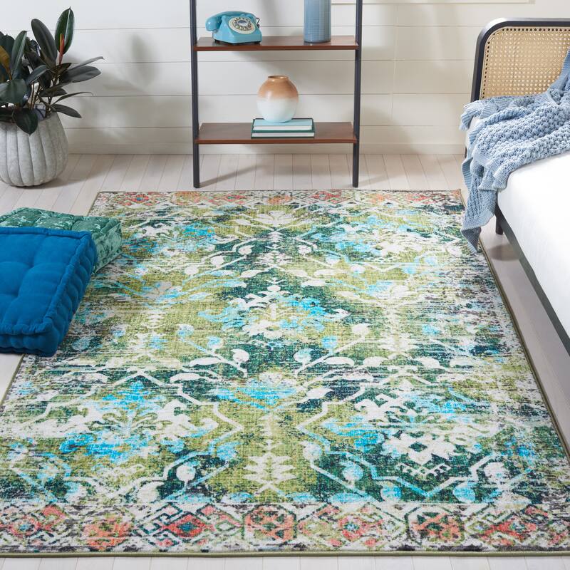 SAFAVIEH Paint Brush Machine Washable Slip Resistant Elvezia Rug - 6'7" Square - Green/Light Blue