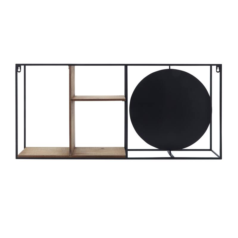 Wall Mount Shelf - Black Metal Brown Wood with Mirror - 34.0"