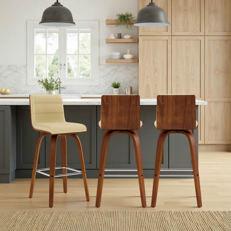 Skara Mid-Century Swivel Counter Stool, Upholstered Counter Height Chair with Bentwood Legs - Cream & Walnut - Set of 3