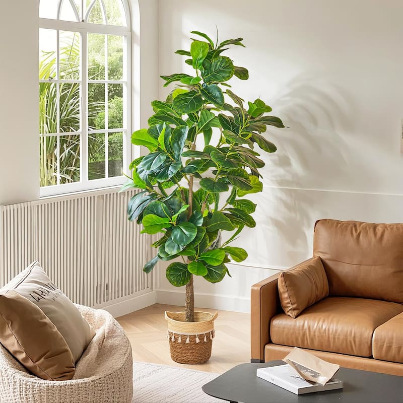 70.9 Inch Artificial Tree with Natural Wood Trunk, Faux Plant Indoor and Outdoor House Plant - Green