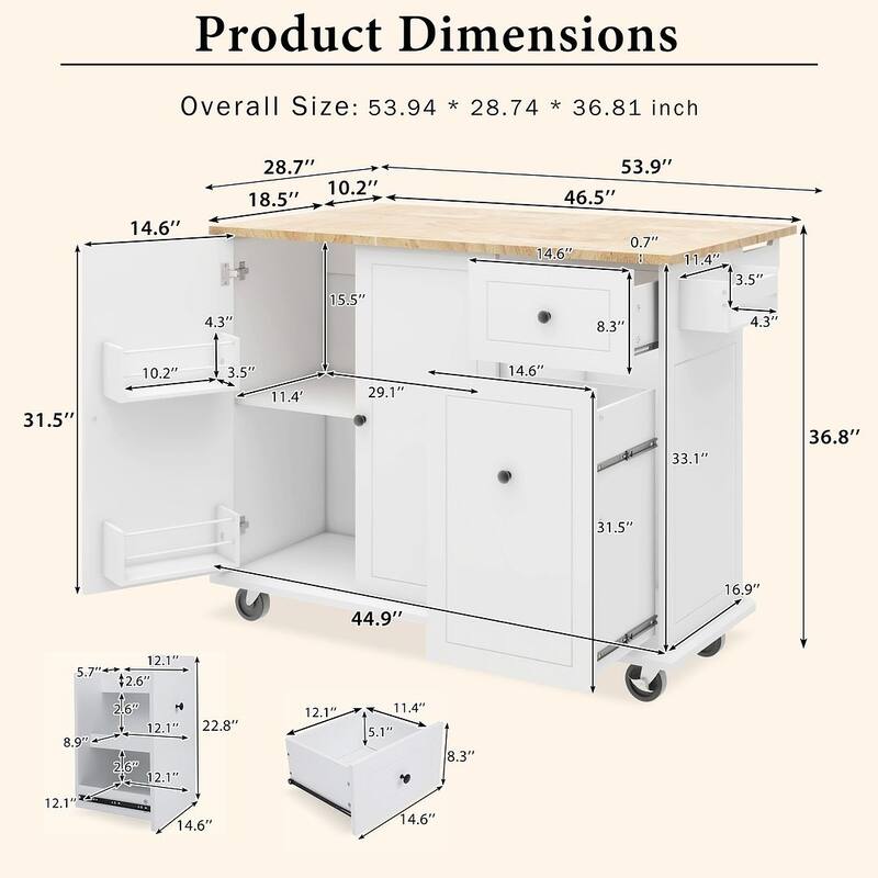 54" Kitchen Island Cart with Wheels