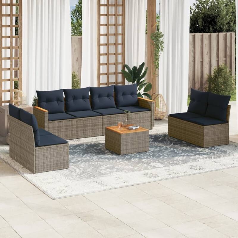 vidaXL Patio Sofa Set with Cushions Outdoor Conversation Furniture Poly Rattan - 21.7x 24.4x 27.2 - Grey and Blue-With table