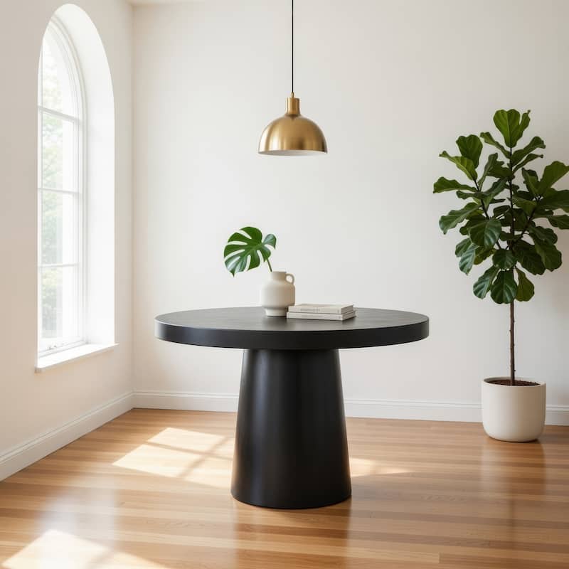 Cid Deso Dining Table, Black Concrete and Tapered Base, Round 43 Inch Top