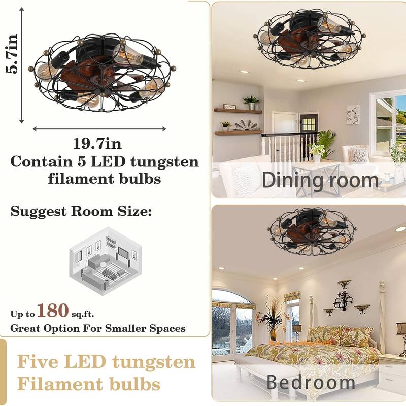 Caged Ceiling Fan with Lights Remote Control, 20 Inch Small Low Profile Ceiling Fan for Bedroom Kitchen