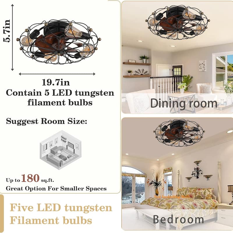 Modern Flush Mount Ceiling Fan Light with Light and Remote Control, Cage Design for Bedroom and Living Room