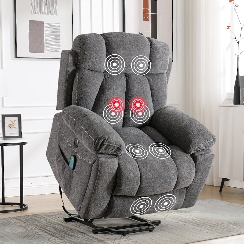Large Power Lift Recliner Chair with Massage and Heat, Overstuffed Wide Recliners with 2 Cup Holders and USB Port - Grey