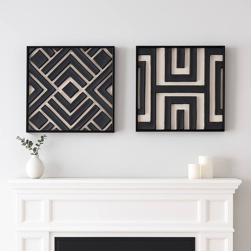 Decorative Geometric Canvas Wall Decor - Set of 2, 20", Black & Cream - Wood - Black - 20.0"