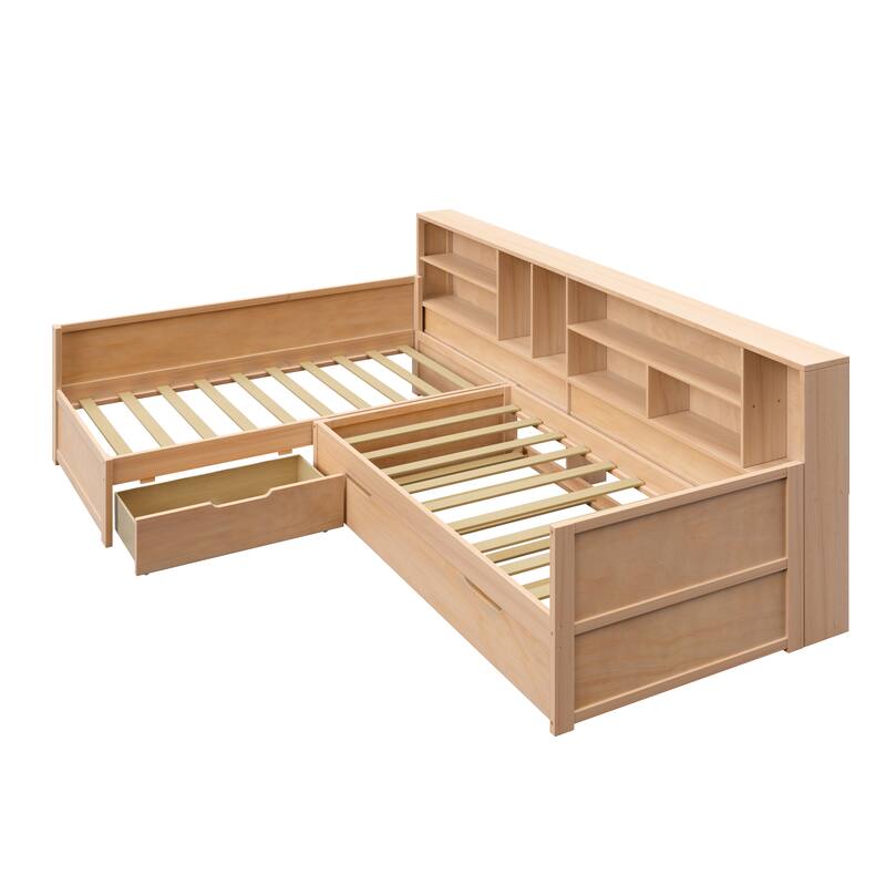 3-in-1 Bookcase Daybed L-shape Corner Daybed Twin Size Captains Bed Wooden Bed Frame with Under-bed Trundle and Drawer