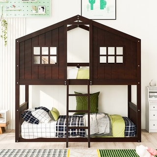 Twin Over Twin Wood Floor House Bunk Bed with Roof, Ladder and Windows ...