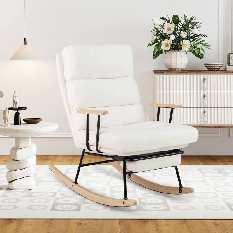 White Teddy Velvet Rubber Wood Rocking Chair with Adjustable Backrest and Footrest - 38" x 25.5" x 38"
