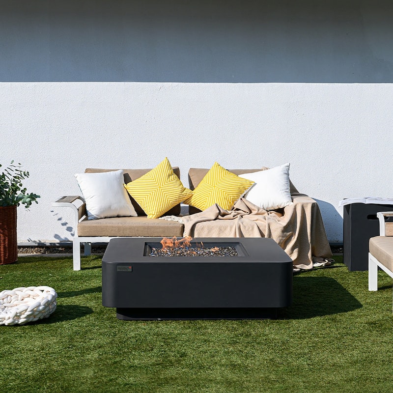 Elementi Plus Bergamo Outdoor Fire Pit Table Concrete Square 60000 BTU - 42.1 x 42.1 inches with Lid, Fire Glass, and Cover