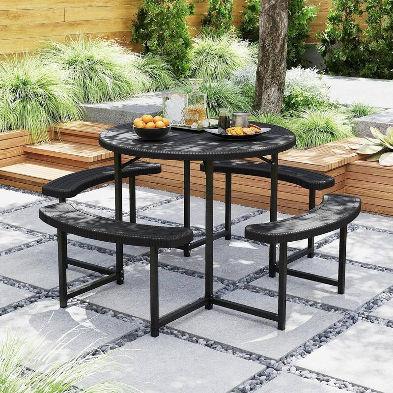 Round 37" Outdoor Dining Table Picnic Table Bench Set for 4-8 Person