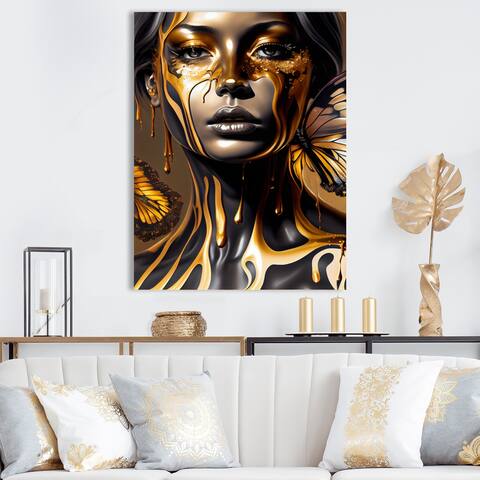 Designart 'Attractive Woman With Gold Butterflies II' Woman Butterfly Metal Wall Art