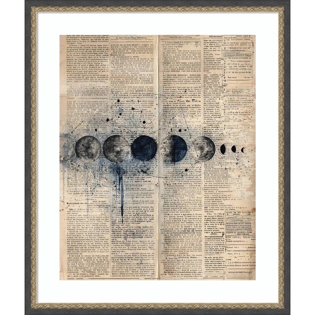 Moon Phases Ink Vintage Newspaper Page Lunar Cycle by Tradelink inhouse artist Wood Framed Wall Art Print