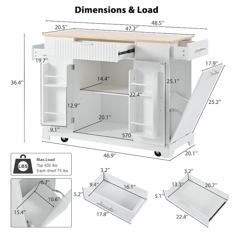 Kitchen Island with Trash Can Storage Cabinet, Dining Table with Power Outlet, Kitchen Cart with Adjustable Shelves